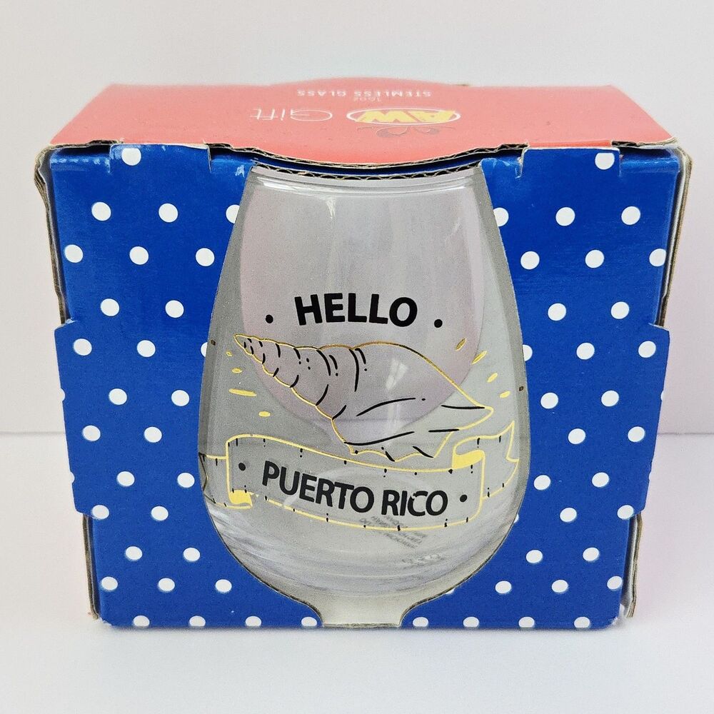 P.R. Hello Puerto Rico Stemless Wine Glass Souvenir Barware Novelty Seashell